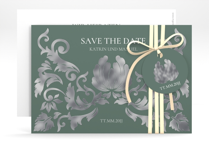 Save the Date-Karte Royal A6 Karte quer gruen silber mit barockem Blumen-Ornament