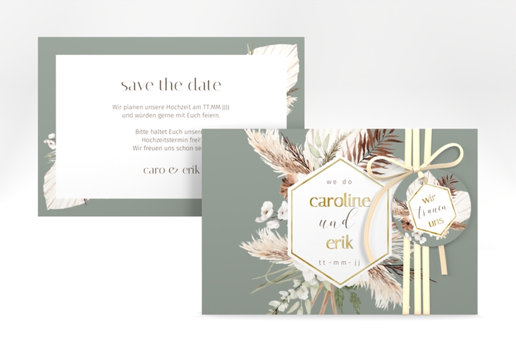 Save the Date-Karte Bohemian A6 Karte quer gruen gold