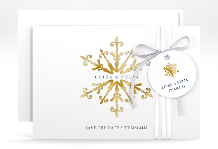 Save the Date-KarteCrystal A6 Karte quer weiss gold mit Eiskristall