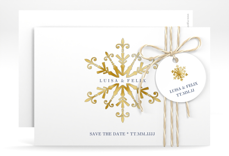 Save the Date-KarteCrystal A6 Karte quer weiss gold mit Eiskristall