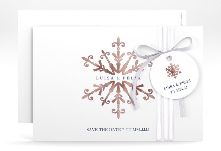 Save the Date-KarteCrystal A6 Karte quer weiss rosegold mit Eiskristall