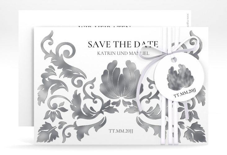 Save the Date-Karte Royal A6 Karte quer weiss silber mit barockem Blumen-Ornament