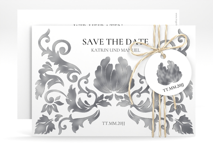 Save the Date-Karte Royal A6 Karte quer weiss silber mit barockem Blumen-Ornament