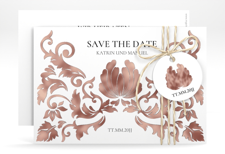 Save the Date-Karte Royal A6 Karte quer weiss rosegold mit barockem Blumen-Ornament