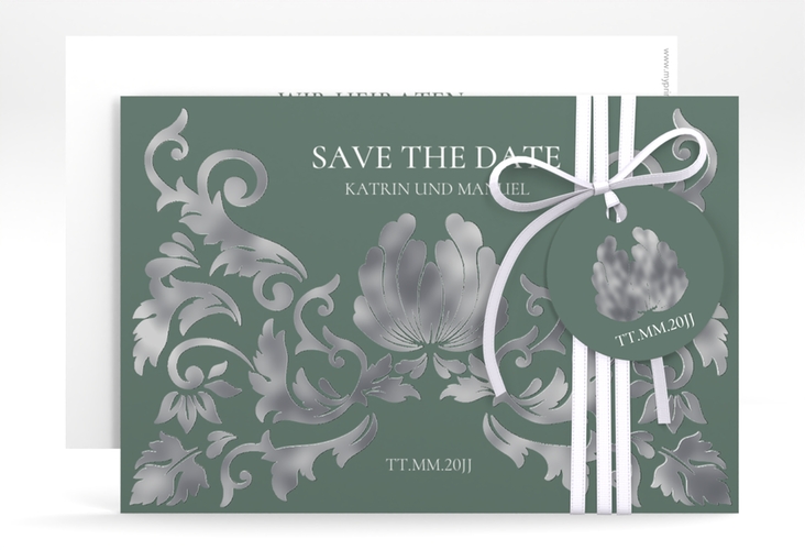 Save the Date-Karte Royal A6 Karte quer gruen silber mit barockem Blumen-Ornament