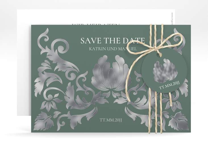 Save the Date-Karte Royal A6 Karte quer gruen silber mit barockem Blumen-Ornament