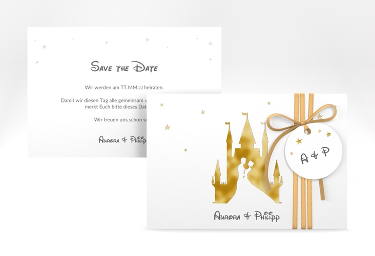 Save the Date-Karte Castle A6 Karte quer grau gold