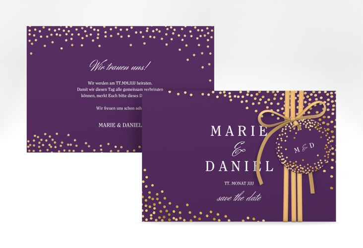 Save the Date-Karte Glitter A6 Karte quer lila gold