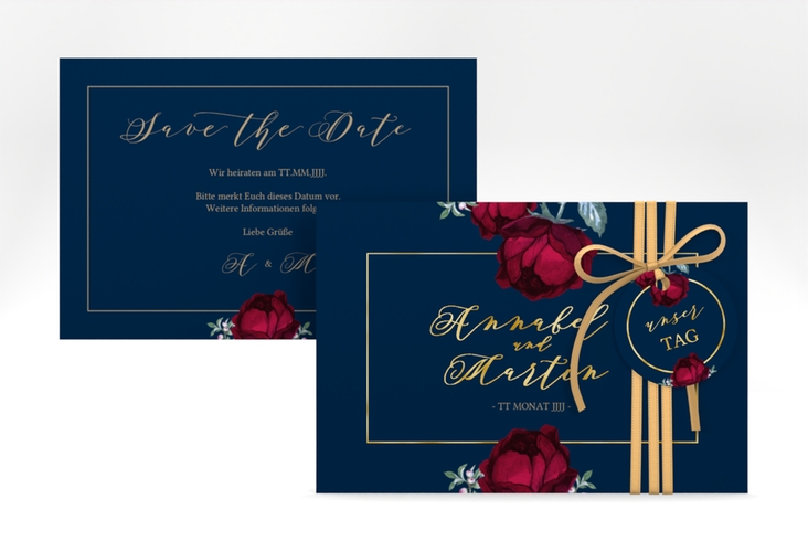 Save the Date-Karte Peonies A6 Karte quer blau gold elegant mit Pfingstrosen