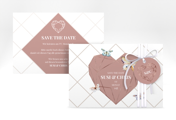 Save the Date-Karte Butterfly A6 Karte quer weiss rosegold mit Schmetterlingen und Herz im Geometric Design