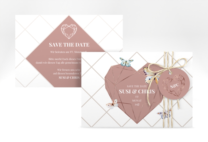 Save the Date-Karte Butterfly A6 Karte quer weiss rosegold mit Schmetterlingen und Herz im Geometric Design