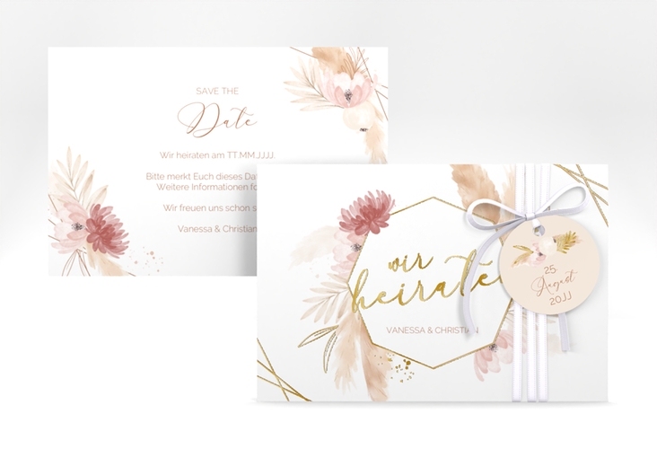 Save the Date-Karte Bohostyle A6 Karte quer beige gold mit Pampasgras in Aquarell