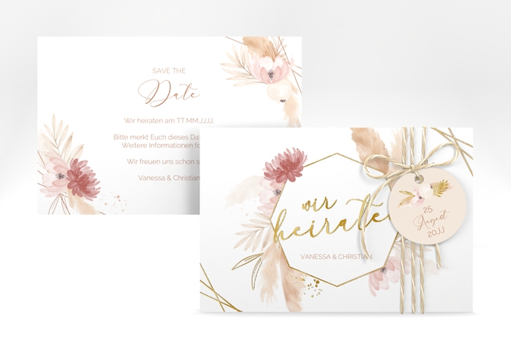 Save the Date-Karte Bohostyle A6 Karte quer beige gold mit Pampasgras in Aquarell