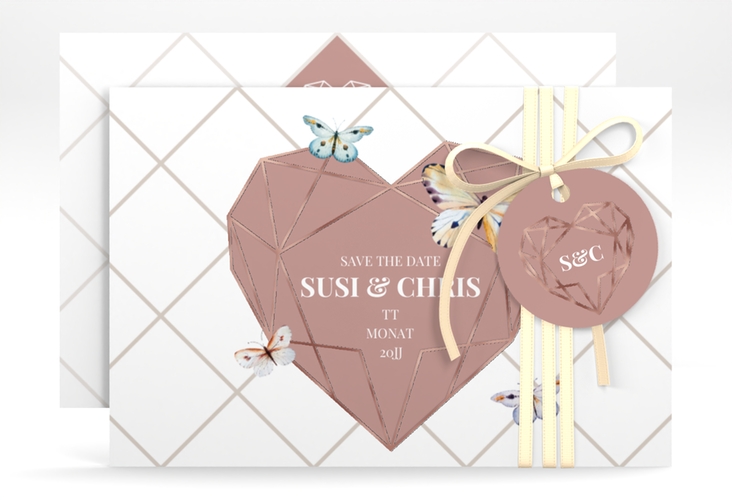 Save the Date-Karte Butterfly A6 Karte quer weiss rosegold mit Schmetterlingen und Herz im Geometric Design