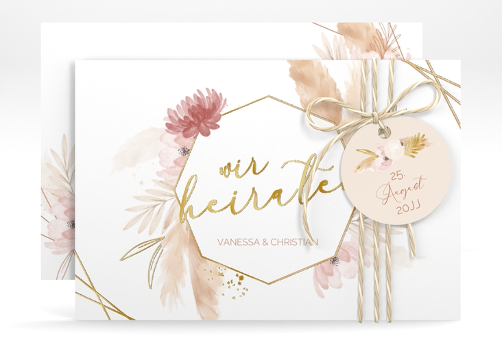 Save the Date-Karte Bohostyle A6 Karte quer beige gold mit Pampasgras in Aquarell