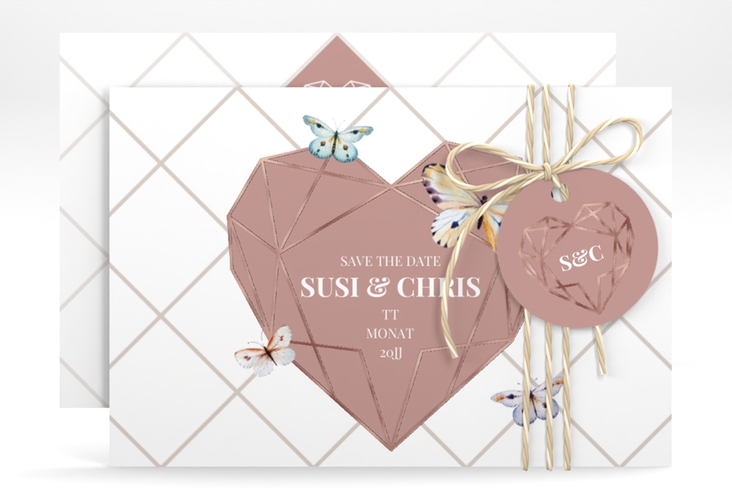 Save the Date-Karte Butterfly A6 Karte quer weiss rosegold mit Schmetterlingen und Herz im Geometric Design