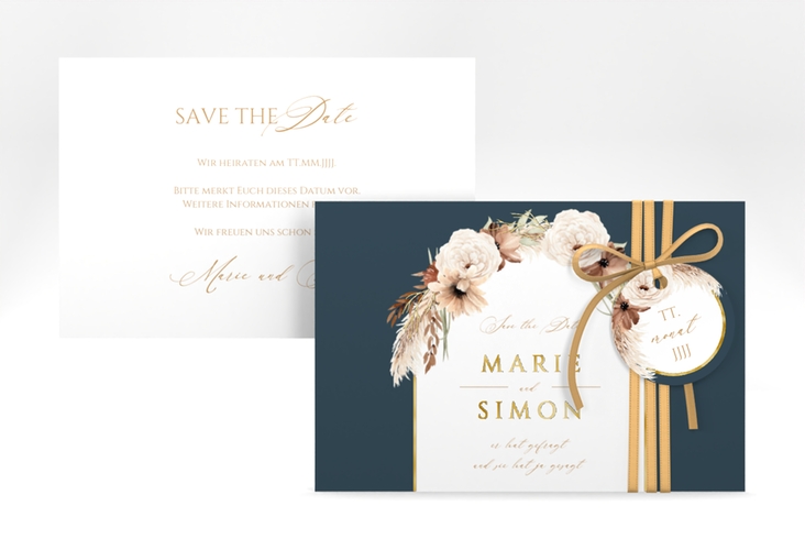 Save the Date-Karte Blumenbogen A6 Karte quer blau gold