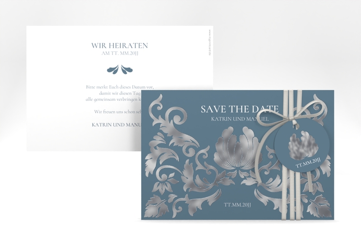 Save the Date-Karte Royal A6 Karte quer blau silber mit barockem Blumen-Ornament