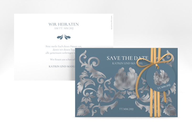 Save the Date-Karte Royal A6 Karte quer blau silber mit barockem Blumen-Ornament