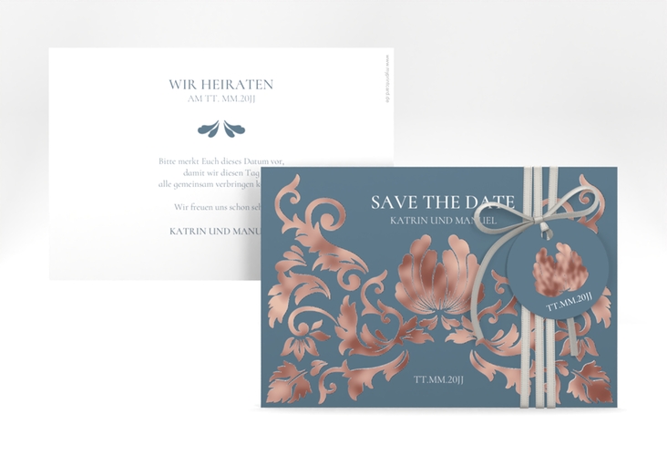 Save the Date-Karte Royal A6 Karte quer blau rosegold mit barockem Blumen-Ornament