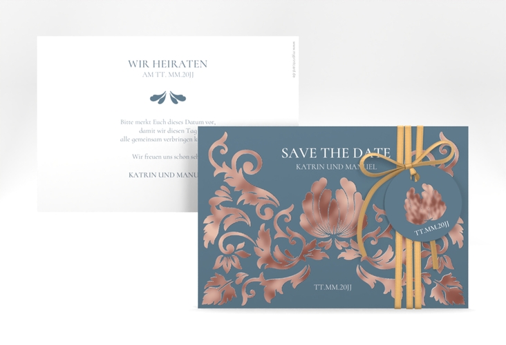 Save the Date-Karte Royal A6 Karte quer blau rosegold mit barockem Blumen-Ornament