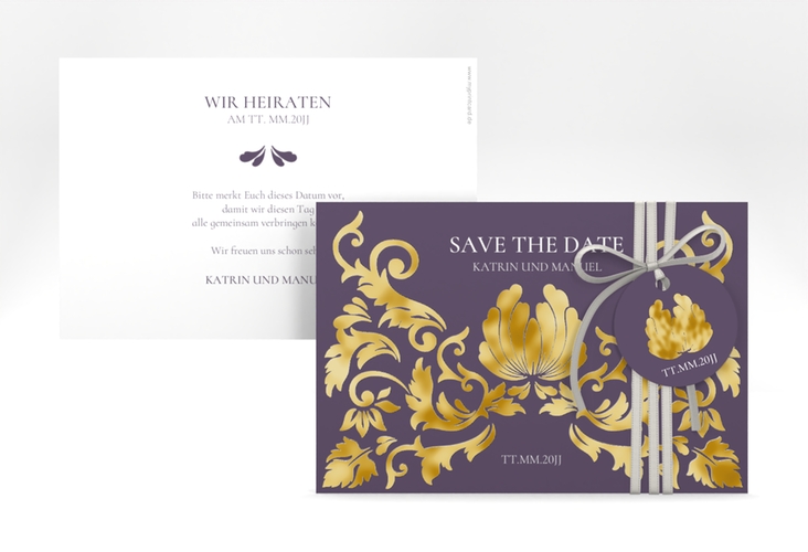 Save the Date-Karte Royal A6 Karte quer lila gold mit barockem Blumen-Ornament