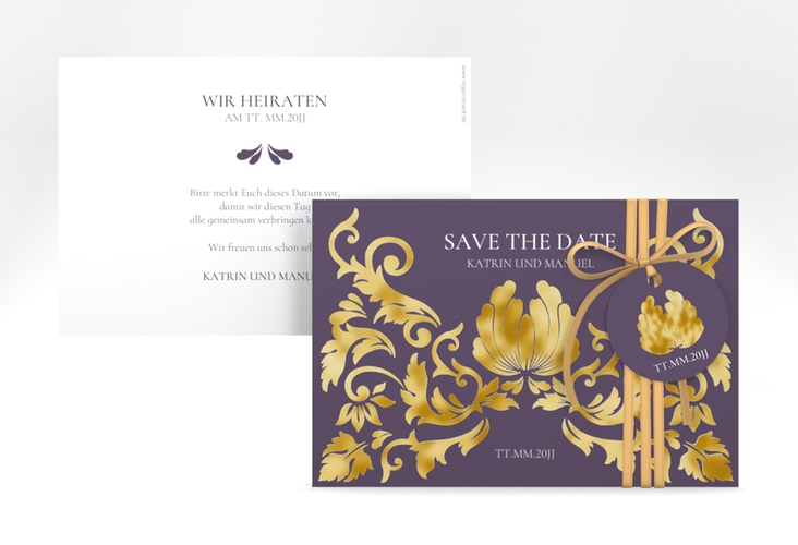 Save the Date-Karte Royal A6 Karte quer lila gold mit barockem Blumen-Ornament