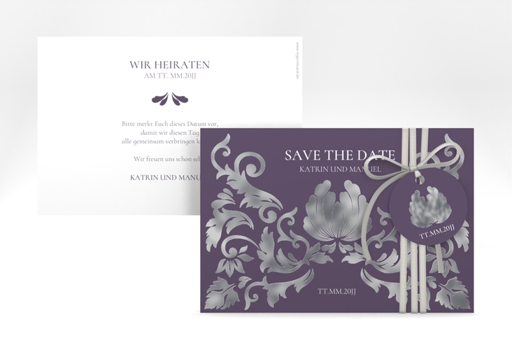 Save the Date-Karte Royal A6 Karte quer lila silber mit barockem Blumen-Ornament