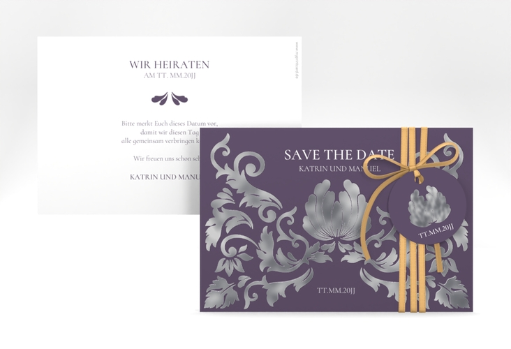 Save the Date-Karte Royal A6 Karte quer lila silber mit barockem Blumen-Ornament