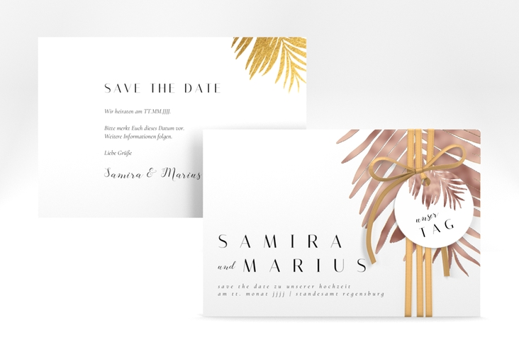 Save the Date-Karte Palmenblatt A6 Karte quer gold rosegold mit Palmenwedel