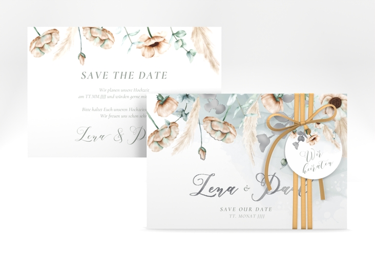 Save the Date-Karte Anemone A6 Karte quer mint silber