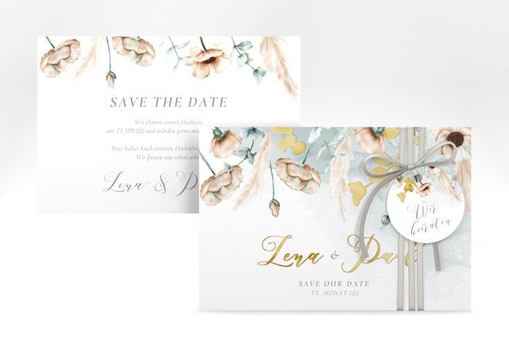 Save the Date-Karte Anemone A6 Karte quer mint gold