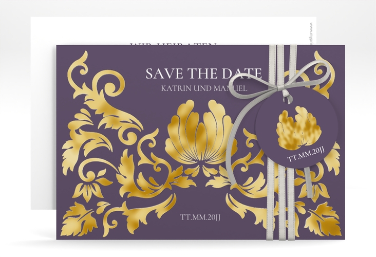 Save the Date-Karte Royal A6 Karte quer lila gold mit barockem Blumen-Ornament