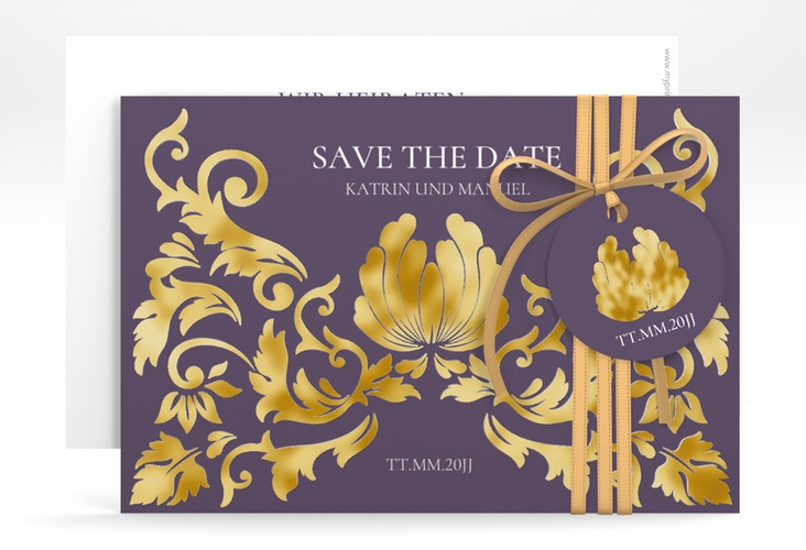 Save the Date-Karte Royal A6 Karte quer lila gold mit barockem Blumen-Ornament