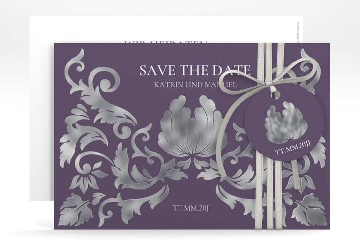 Save the Date-Karte Royal A6 Karte quer lila silber mit barockem Blumen-Ornament