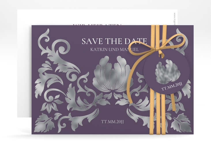 Save the Date-Karte Royal A6 Karte quer lila silber mit barockem Blumen-Ornament