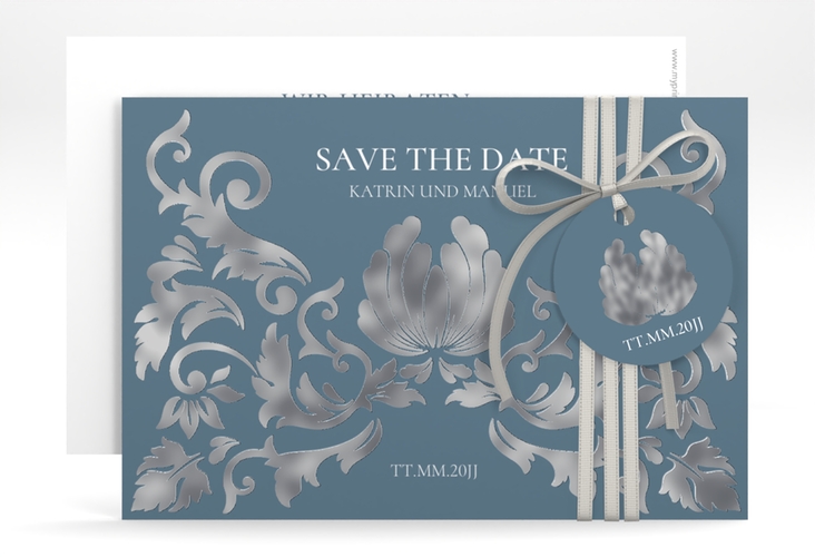 Save the Date-Karte Royal A6 Karte quer blau silber mit barockem Blumen-Ornament