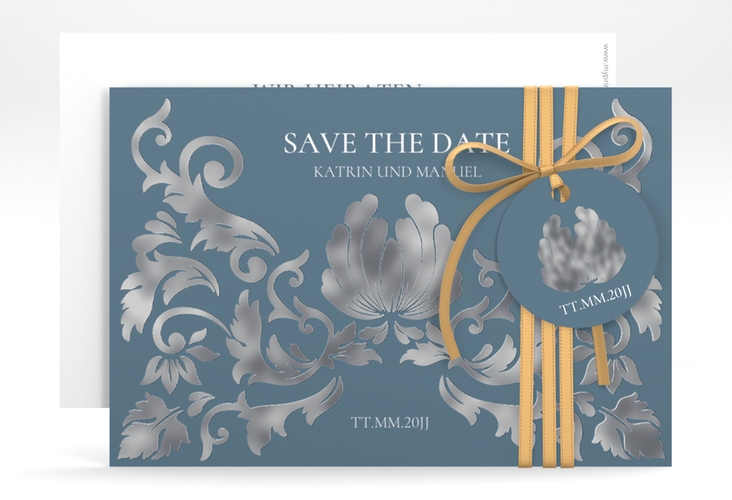 Save the Date-Karte Royal A6 Karte quer blau silber mit barockem Blumen-Ornament