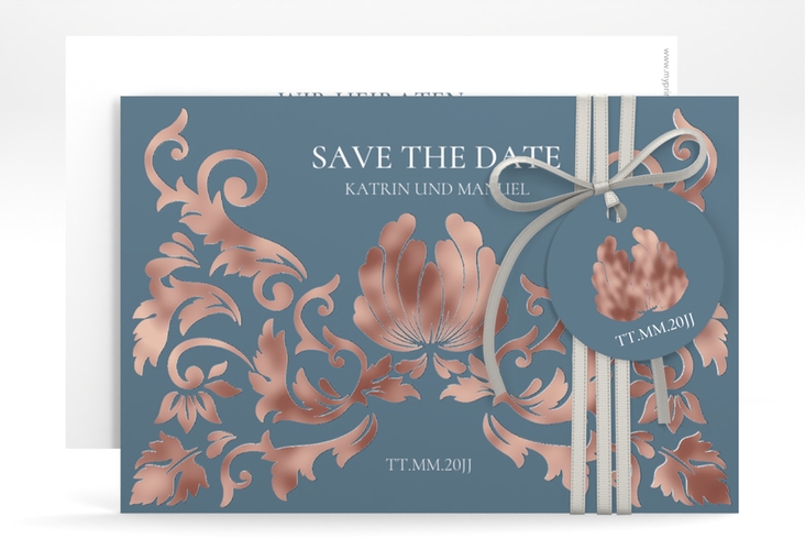 Save the Date-Karte Royal A6 Karte quer blau rosegold mit barockem Blumen-Ornament