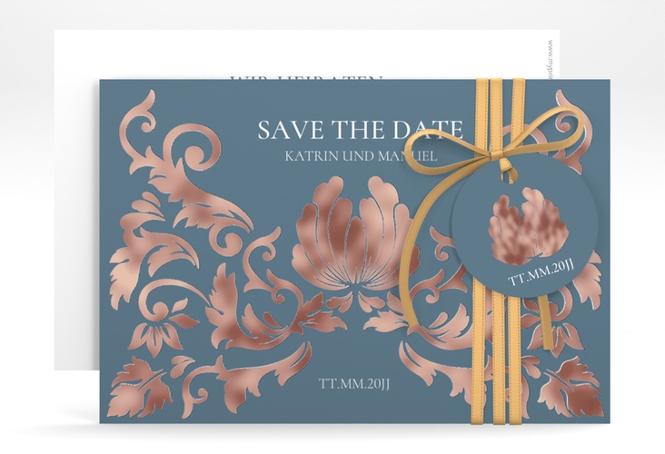 Save the Date-Karte Royal A6 Karte quer blau rosegold mit barockem Blumen-Ornament