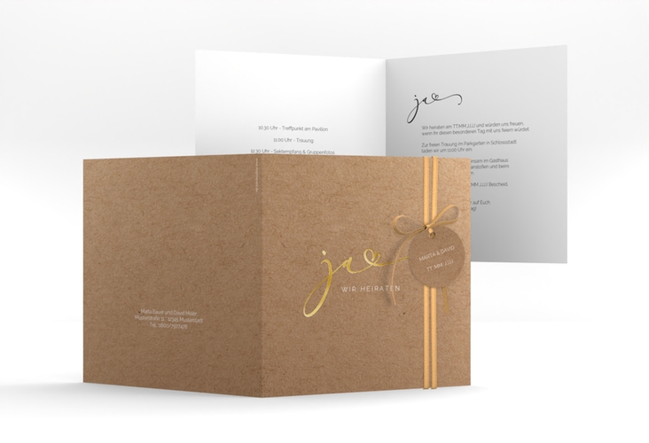 Hochzeitseinladung Jawort quadr. Klappkarte gold modern minimalistisch mit veredelter Aufschrift