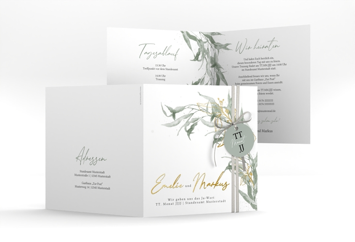 Hochzeitseinladung  Eucalyptus Green quadr. Klappkarte gold