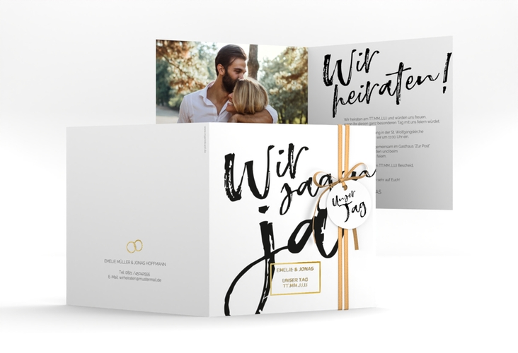 Hochzeitseinladung Words quadr. Klappkarte gold modern mit Brush-Schrift