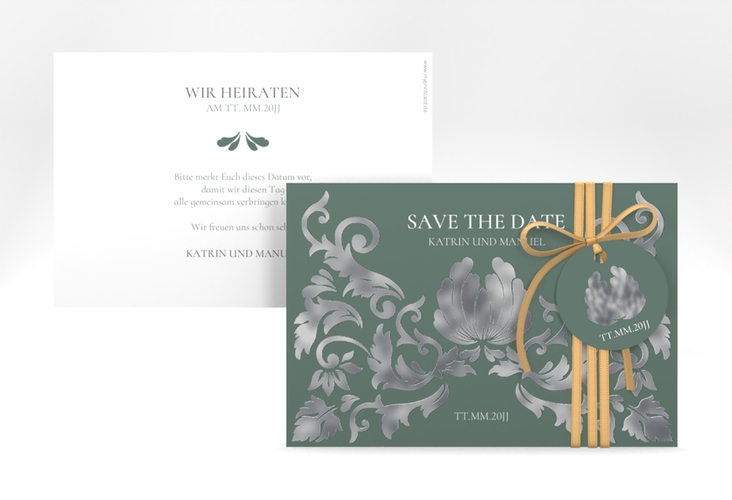 Save the Date-Karte Royal A6 Karte quer gruen silber mit barockem Blumen-Ornament