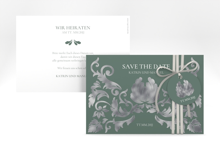 Save the Date-Karte Royal A6 Karte quer gruen silber mit barockem Blumen-Ornament