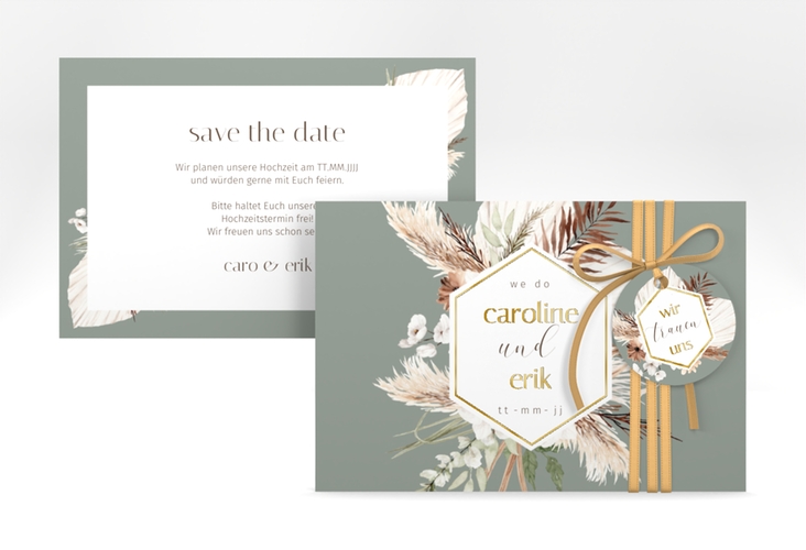 Save the Date-Karte Bohemian A6 Karte quer gruen gold