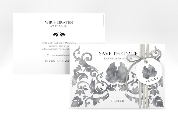 Save the Date-Karte Royal A6 Karte quer weiss silber mit barockem Blumen-Ornament