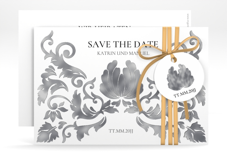 Save the Date-Karte Royal A6 Karte quer weiss silber mit barockem Blumen-Ornament