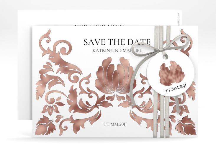 Save the Date-Karte Royal A6 Karte quer weiss rosegold mit barockem Blumen-Ornament