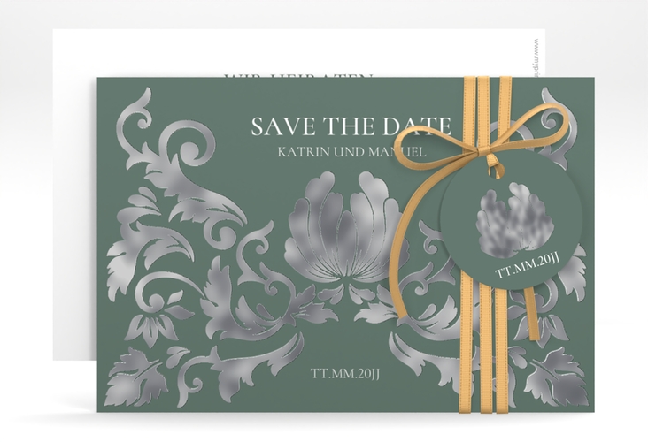 Save the Date-Karte Royal A6 Karte quer gruen silber mit barockem Blumen-Ornament